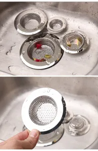 Stainless steel sink strainer detail showing multi-size perforated design for kitchen sink use.