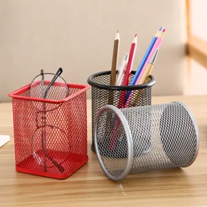 Metal mesh desk organizer pencil holder set for office desktop storage and stationery supply.