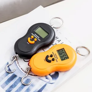 Portable electronic hanging scale with digital LCD display, compact design for luggage and kitchen.