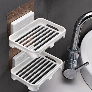 Wall-mounted double layer soap dish with drainage rack punch-free bathroom soap holder organizer