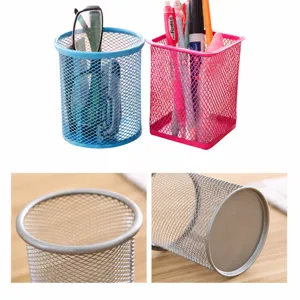 Metal mesh desk pen holder organizer, dual color creative stationery storage container for office desk.