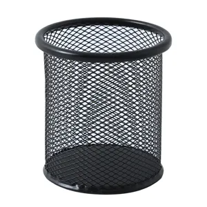 Black metal mesh pen holder for desk organization and office supplies storage neatly.