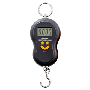 Portable electronic hanging scale with digital LCD screen for luggage and kitchen weighing.