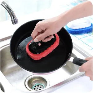 Cepillo de esponja de limpieza con mango para ollas y sartenes, herramienta eficaz de descontaminación.