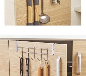 Stainless steel over the door hook detail, nail free cabinet organizer with five hooks.