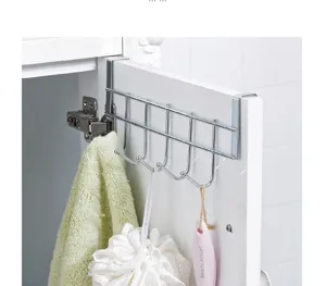 Stainless steel over door hook detail view, cabinet door hanging rack for kitchen organization.