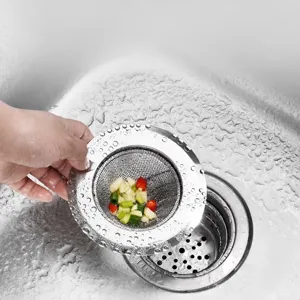 Stainless steel kitchen sink strainer basket for food waste collection, reusable drain filter.