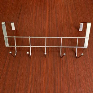 Over-the-door stainless steel 5-hook hanger, fits doors up to 5cm wide for home storage.