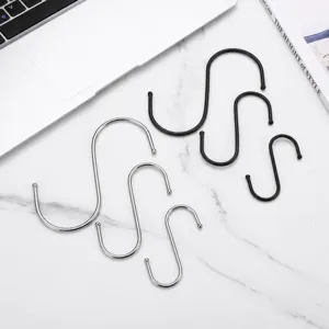 Metal S-shaped hooks set, black and silver utility hanging hooks for wardrobe, home and kitchen storage.
