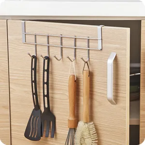 Stainless steel over-the-door 5-hook hanger rack for kitchen cabinet door storage organization.