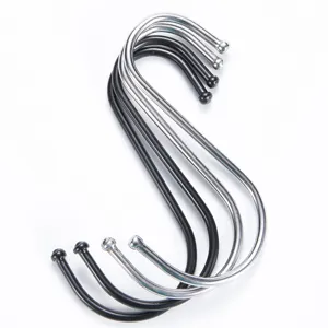Metal S hooks set for hanging clothes and kitchen organization, black and silver finish.