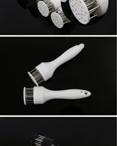 Outil d'attise-viande en acier inoxydable avec aiguilles tranchantes et poignée ergonomique.