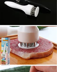 Vue détaillée des aiguilles en acier inoxydable attendrissement de steak cru sur une planche.