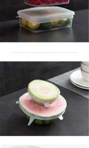 Silicone stretch lids detail showing flexible food wrap sealing bowls and fresh fruits tightly.