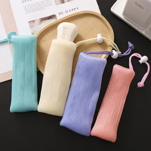 Colorful mesh soap foaming bags with pull string, ideal for facial cleanser and body wash bars.