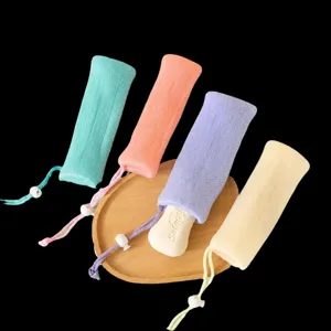 Mesh soap bag foaming net for facial cleanser soap, colorful exfoliating pouch with drawstring.