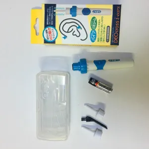Electric ear wax removal tool set with replacement heads, storage box and cleaning brush.