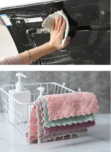 Detail view of thick coral fleece cleaning cloths set, super absorbent and lint free for kitchen.