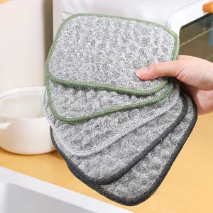 Double-layer silver silk dishwashing cloth, oil-free thickened kitchen cleaning rag.