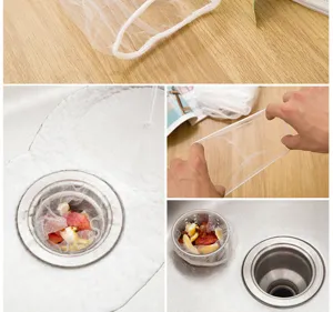 Disposable kitchen sink mesh strainer detail showing stretchy net and food waste filtering.