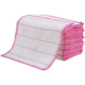 Chiffon de nettoyage de cuisine multicouche, torchon épais à bord rose, absorbant.