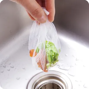 Disposable kitchen sink strainer mesh bag for food waste garbage disposal filter tool.
