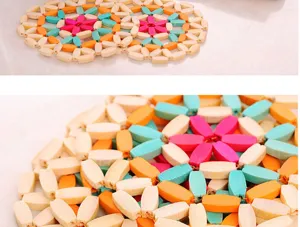 Wooden beaded heat insulation mat, colorful floral trivet for kitchen dining table pot pan.