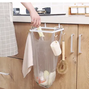 Hanging trash bag holder for kitchen cabinet, practical metal garbage storage rack white.