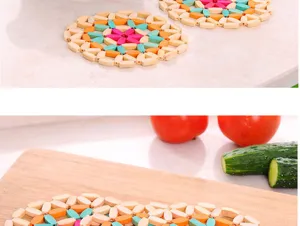 Colorful wooden bead heat insulation mat, hollow hot pot holder for table decoration.