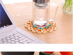 Wooden beaded heat insulation mat, colorful wooden pot holder for kitchen table, anti-scald pad.