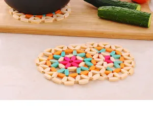 Wooden beaded heat insulation mat, colorful floral design trivet for dining table kitchen pot.
