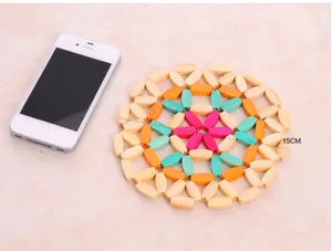 Wooden bead heat insulation mat, colorful floral kitchen placemat, anti-scald table pad 15cm