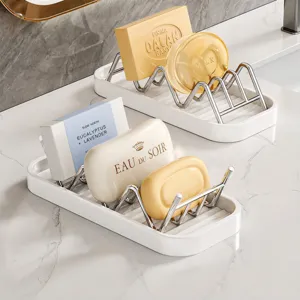 Stainless steel soap holder with drainage tray, W-shaped bathroom rack for home countertop.