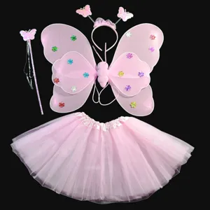 Kinderen roze vlinder fee vleugels kostuum 4-delige set tutu rok prestatie outfit