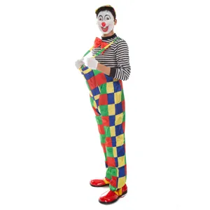 Ensemble de costume de clown pour adulte avec chemise rayée et salopette colorée.