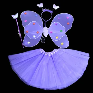 Kinderen paarse vlinder vleugels 4-delige set met tutu rok en toverstaf voor feestshow.