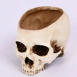Resin skull flowerpot and ashtray, vintage bone finish, hollow design for home decor.