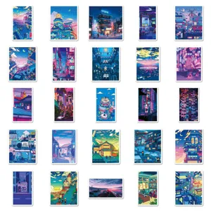 Detailed close-up view of Japanese anime cyberpunk night scenery decorative stickers.