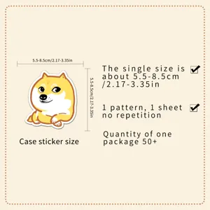 Wasserdichter Cartoon Doge Meme Aufkleber Detailansicht mit Maßen 5.5-8.5cm und 50 Stück.