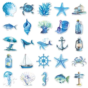 Blue ocean theme stickers watercolor marine decals for water bottle laptop phone decor 50pcs