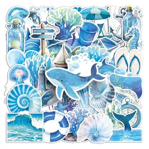 50pcs blue ocean watercolor stickers aesthetic vinyl decals for water bottles laptop decor