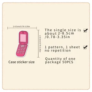 Cute retro flip phone cartoon stickers detail view showing size 2-8.5cm and 50pcs per pack.