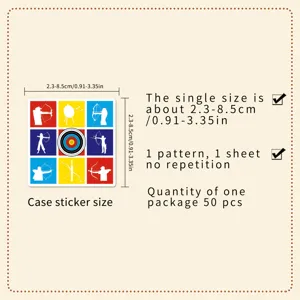 Archery sticker detail view, showcasing size range from 2.3 to 8.5 cm precisely.