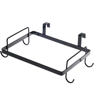 Hanging trash bag holder for kitchen cabinet door, black iron storage rack for plastic bags.