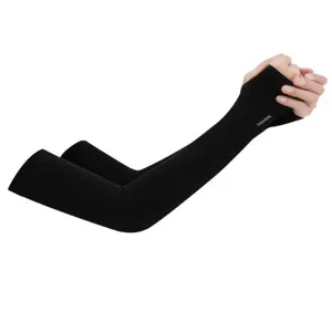 Black ice silk sun protection arm sleeves with finger holes for outdoor driving and sports wear.