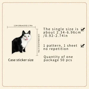 Detailed view showing sticker size ranging from 2.34 to 6.96cm, pack of 50 unique pieces.
