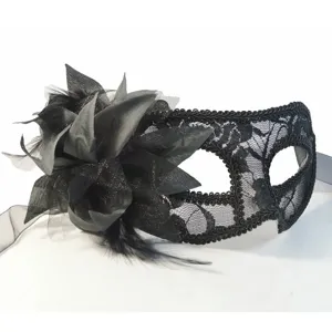 Black lace masquerade mask with flower and feathers, perfect for Halloween and party events.