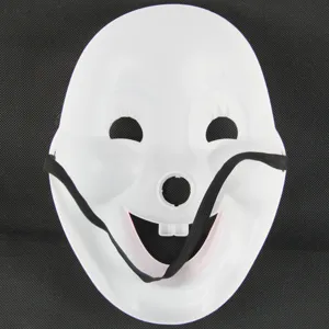White plastic masquerade clown mask detail shot, featuring funny buckteeth design and elastic band.