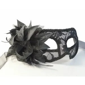 Black lace masquerade mask with elegant flower and feather for Halloween party costume events.