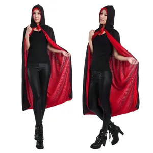 Reversible Hooded Cloak Halloween Vampire Death Costume Black Red Double Sided Knit Robe For Adult Kids Cosplay Party